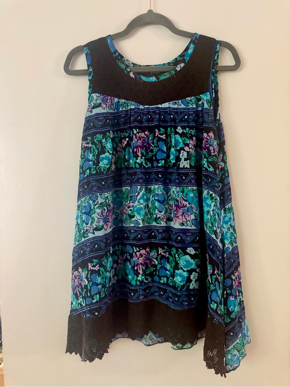 Papa Fashions Boho Floral Tunic Dress Black Crochet Lace Trim Teal M